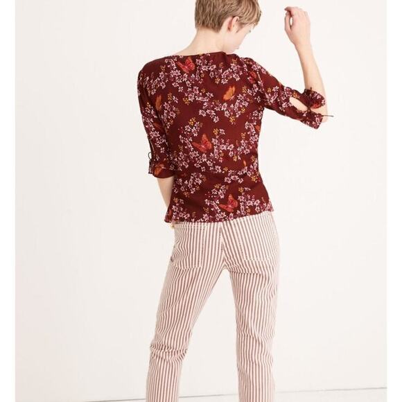 Madewell Tie-Sleeve‎ Wrap Top in Maroon Floral Butterfly Sanctuary Print, Size 2 - Picture 14 of 15
